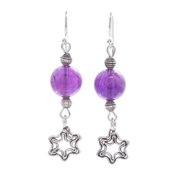 Alternate image for Amethyst Dangle Earrings with Star Motif Center Stage in Purple