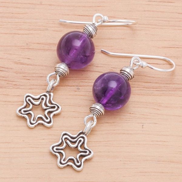 Alternate image for Amethyst Dangle Earrings with Star Motif Center Stage in Purple