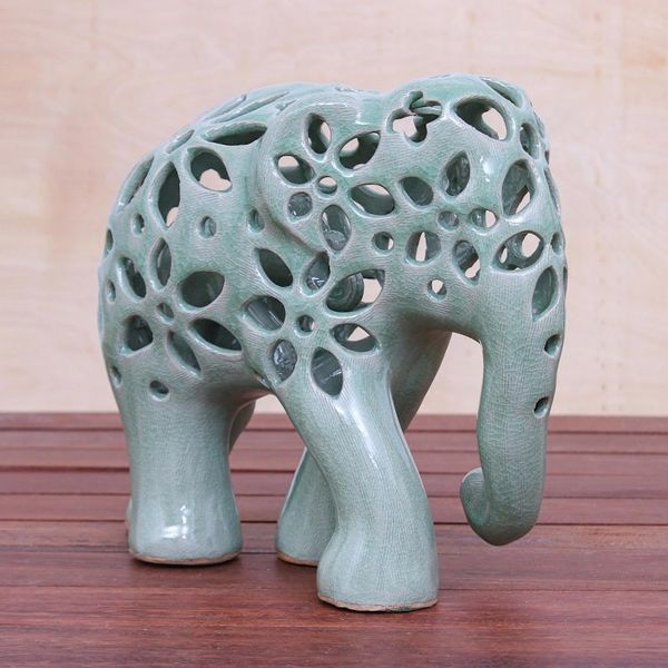 Alternate image for Hand Crafted Celadon Ceramic Elephant Sculpture Flowering Elephant