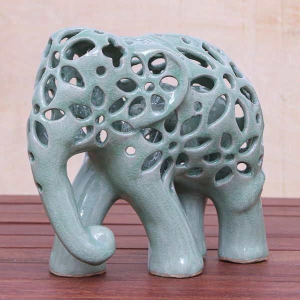 Alternate image for Hand Crafted Celadon Ceramic Elephant Sculpture Flowering Elephant
