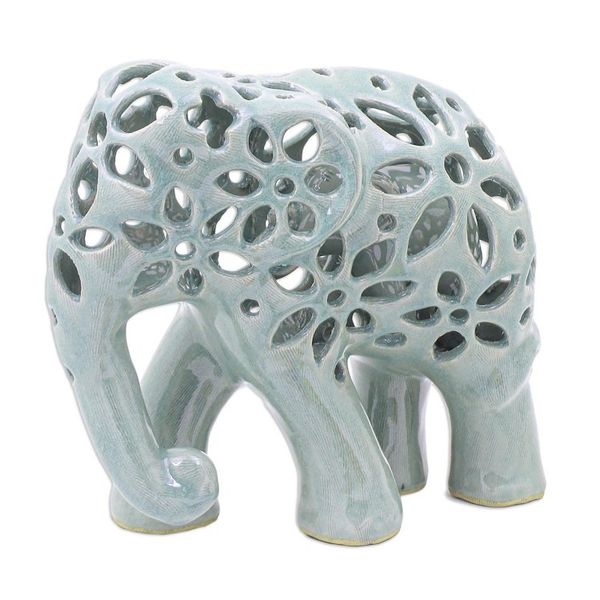 Alternate image for Hand Crafted Celadon Ceramic Elephant Sculpture Flowering Elephant