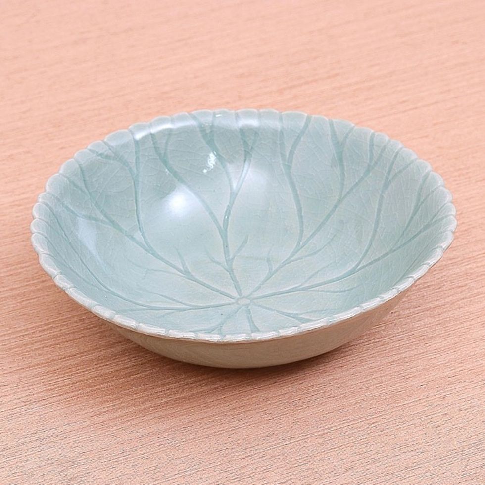 Crackle Finish Celadon Ceramic Bowl 'Lotus Garden'