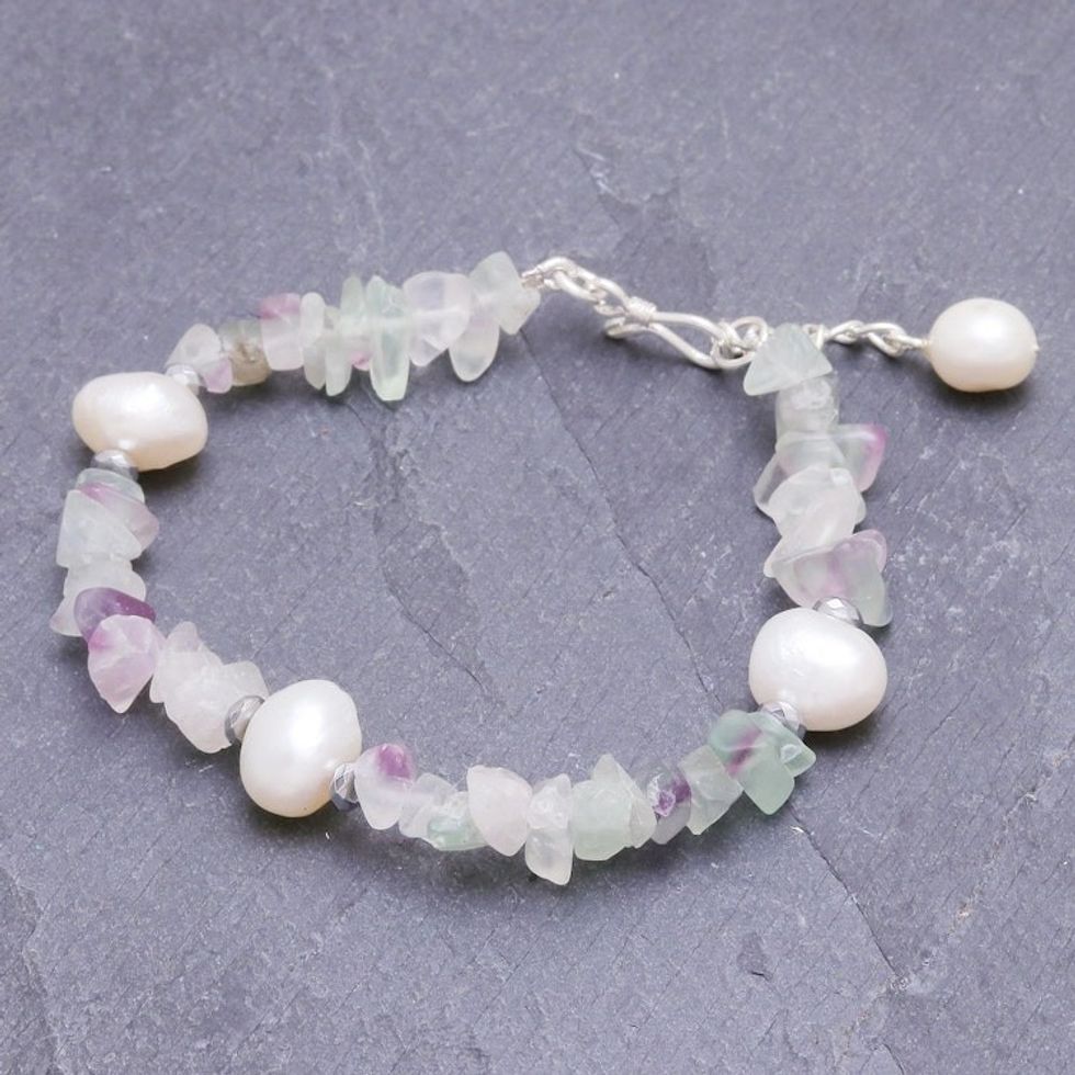 Cultured Freshwater Pearl and Fluorite Beaded Bracelet 'Mellow Night'