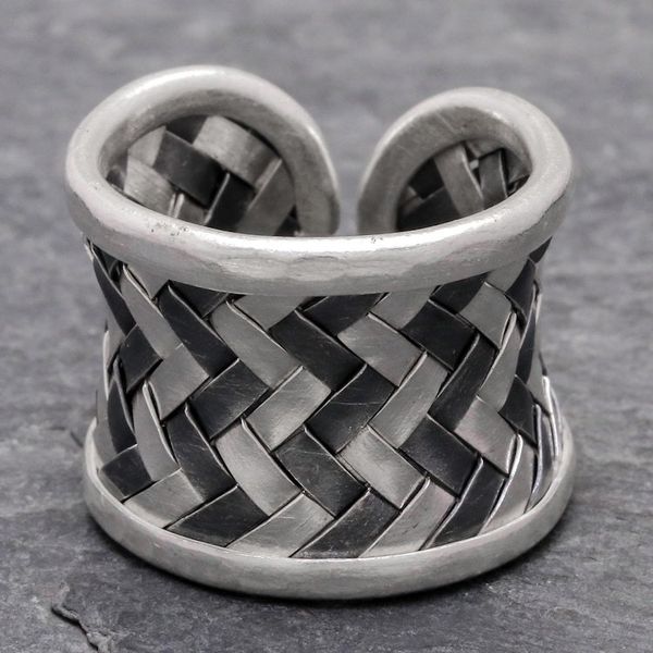 Alternate image for Matte and Oxidized Woven Silver Band Ring Dark Path