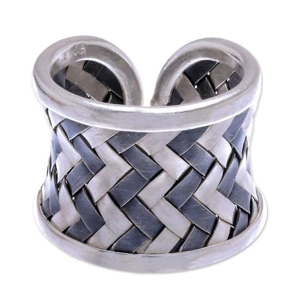 Alternate image for Matte and Oxidized Woven Silver Band Ring Dark Path