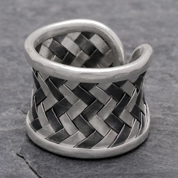 Alternate image for Matte and Oxidized Woven Silver Band Ring Dark Path