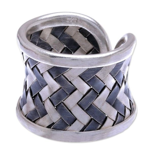 Alternate image for Matte and Oxidized Woven Silver Band Ring Dark Path