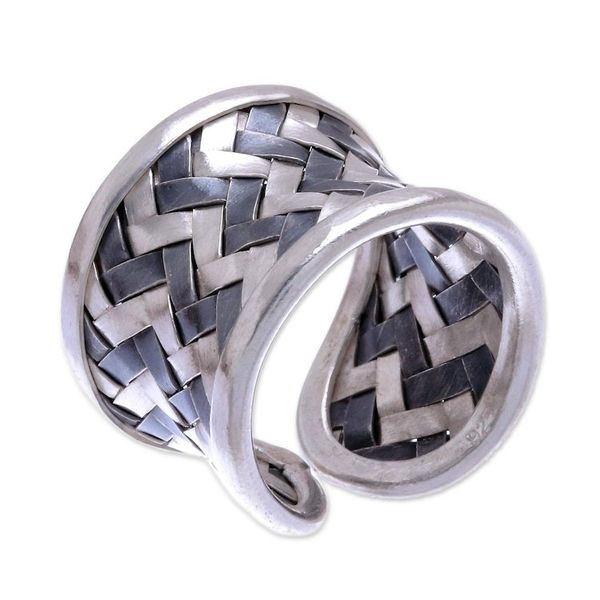 Alternate image for Matte and Oxidized Woven Silver Band Ring Dark Path
