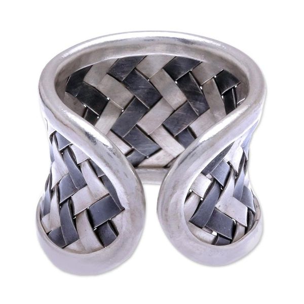 Alternate image for Matte and Oxidized Woven Silver Band Ring Dark Path