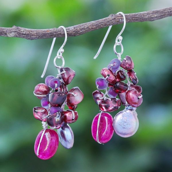 Alternate image for Hand Crafted Cultured Pearl and Garnet Dangle Earrings Sugar Berry
