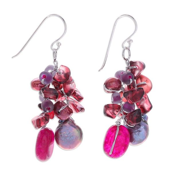 Alternate image for Hand Crafted Cultured Pearl and Garnet Dangle Earrings Sugar Berry