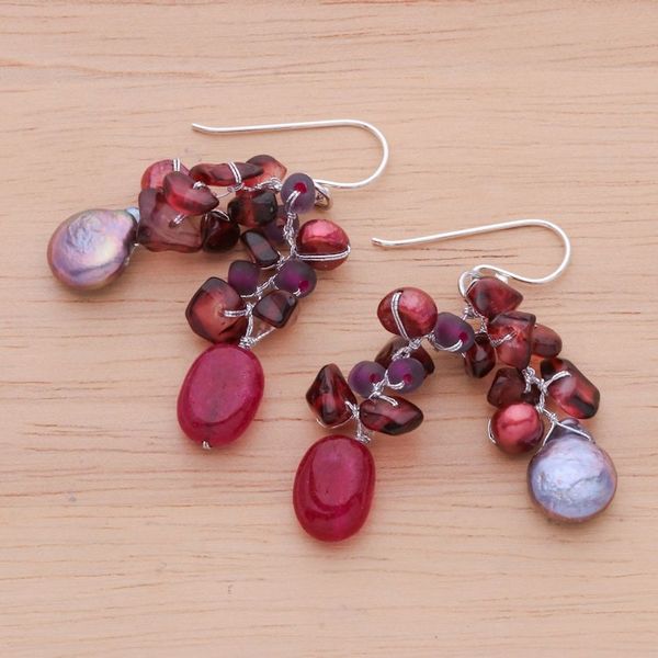 Alternate image for Hand Crafted Cultured Pearl and Garnet Dangle Earrings Sugar Berry