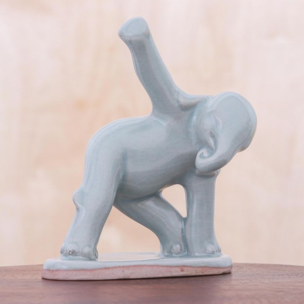 Hand Crafted Ceramic Elephant Yoga Figurine from Thailand 'Elephant Triangle Pose'
