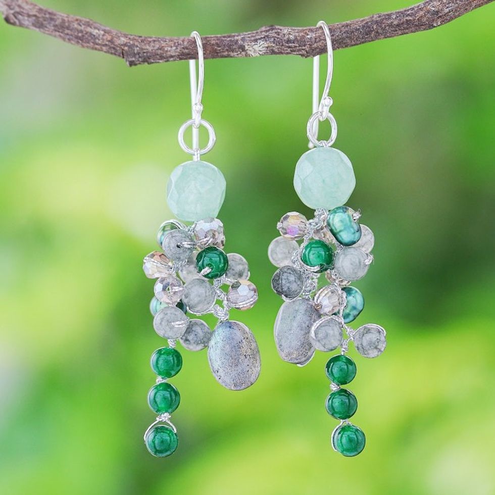 Labradorite and Cultured Pearl Dangle Earrings 'Ancient Garden'