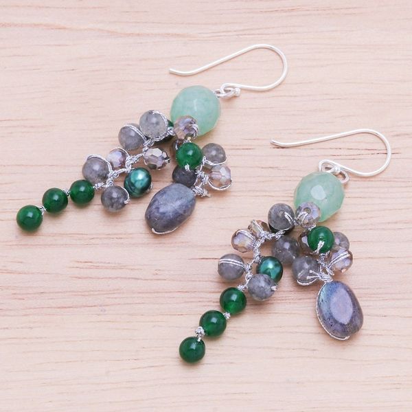Alternate image for Labradorite and Cultured Pearl Dangle Earrings Ancient Garden