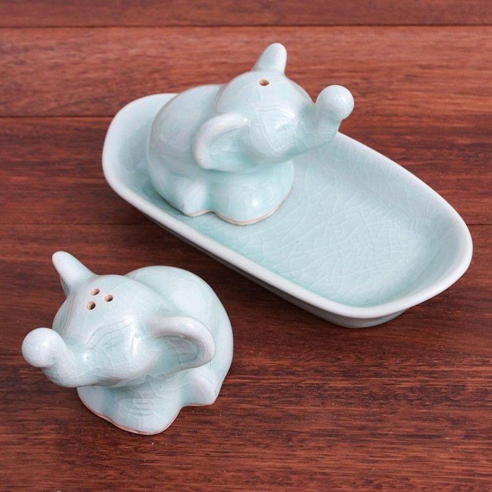 Elephant Salt and Pepper Set in Aqua Celadon 3 Pieces 'Cheeky Elephants in Aqua'