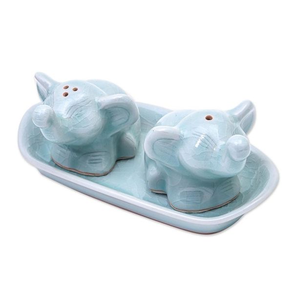 Alternate image for Elephant Salt and Pepper Set in Aqua Celadon 3 Pieces Cheeky Elephants in Aqua