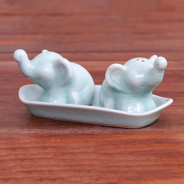 Alternate image for Elephant Salt and Pepper Set in Aqua Celadon 3 Pieces Cheeky Elephants in Aqua