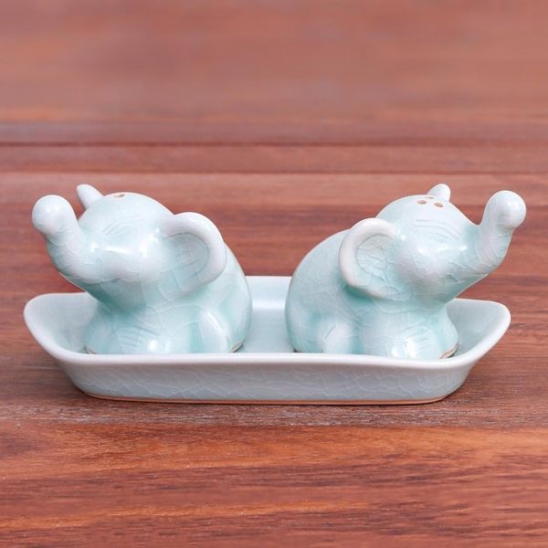Alternate image for Elephant Salt and Pepper Set in Aqua Celadon 3 Pieces Cheeky Elephants in Aqua
