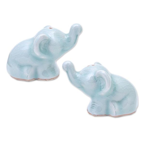 Alternate image for Elephant Salt and Pepper Set in Aqua Celadon 3 Pieces Cheeky Elephants in Aqua