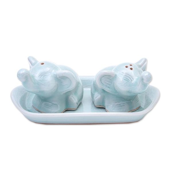 Alternate image for Elephant Salt and Pepper Set in Aqua Celadon 3 Pieces Cheeky Elephants in Aqua
