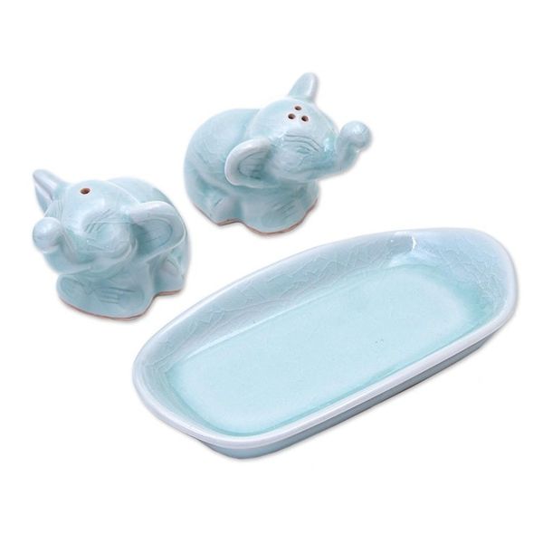 Alternate image for Elephant Salt and Pepper Set in Aqua Celadon 3 Pieces Cheeky Elephants in Aqua