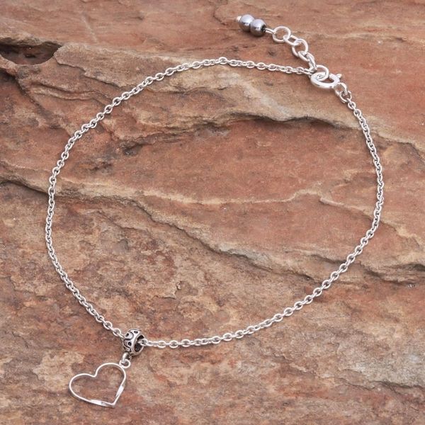 Alternate image for Thai Handmade Sterling Silver and Hematite Charm Anklet Your Love