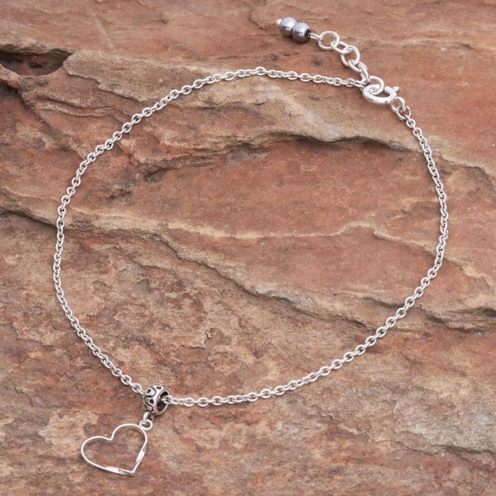 Thai Handmade Sterling Silver and Hematite Charm Anklet 'Your Love'