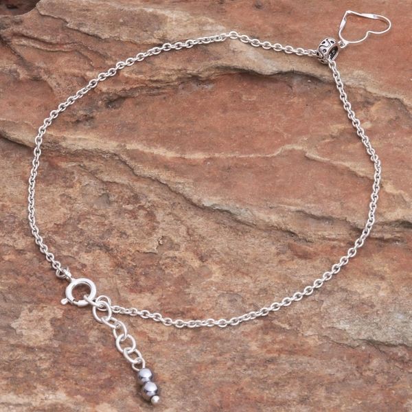 Alternate image for Thai Handmade Sterling Silver and Hematite Charm Anklet Your Love