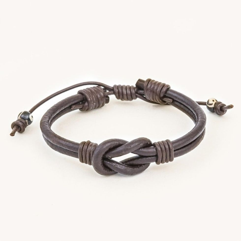 Thai Handmade Brown Leather Cord Unity Bracelet 'Unity and Strength'