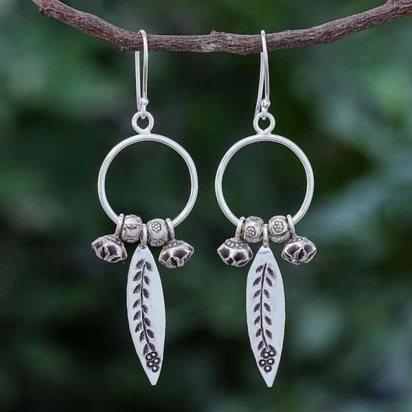 Alternate image for Handmade Sterling and Karen Silver Floral Dangle Earrings Tribal Tree