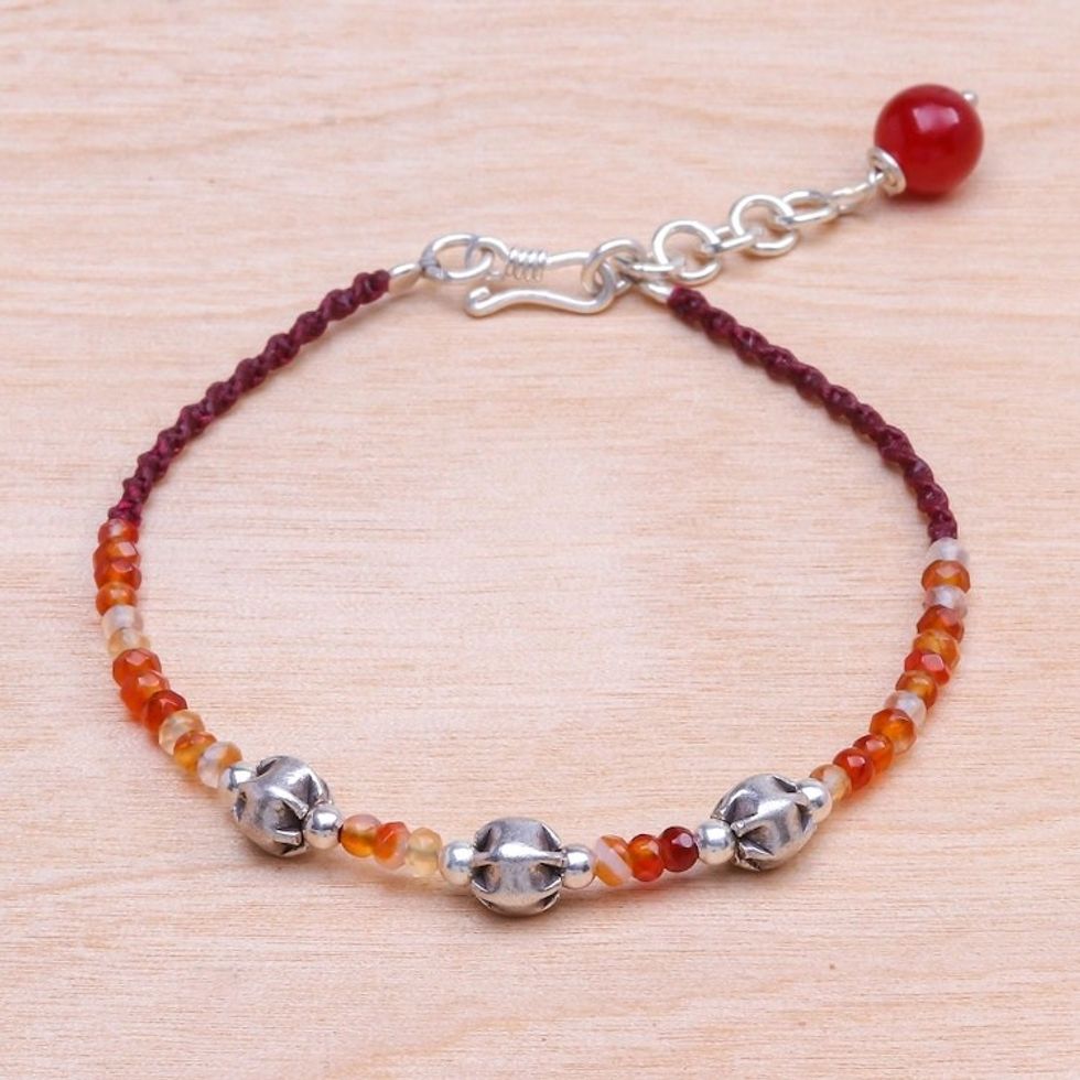 Carnelian Beaded Cord Bracelet with Karen Silver Beads 'Sunny Days Ahead'