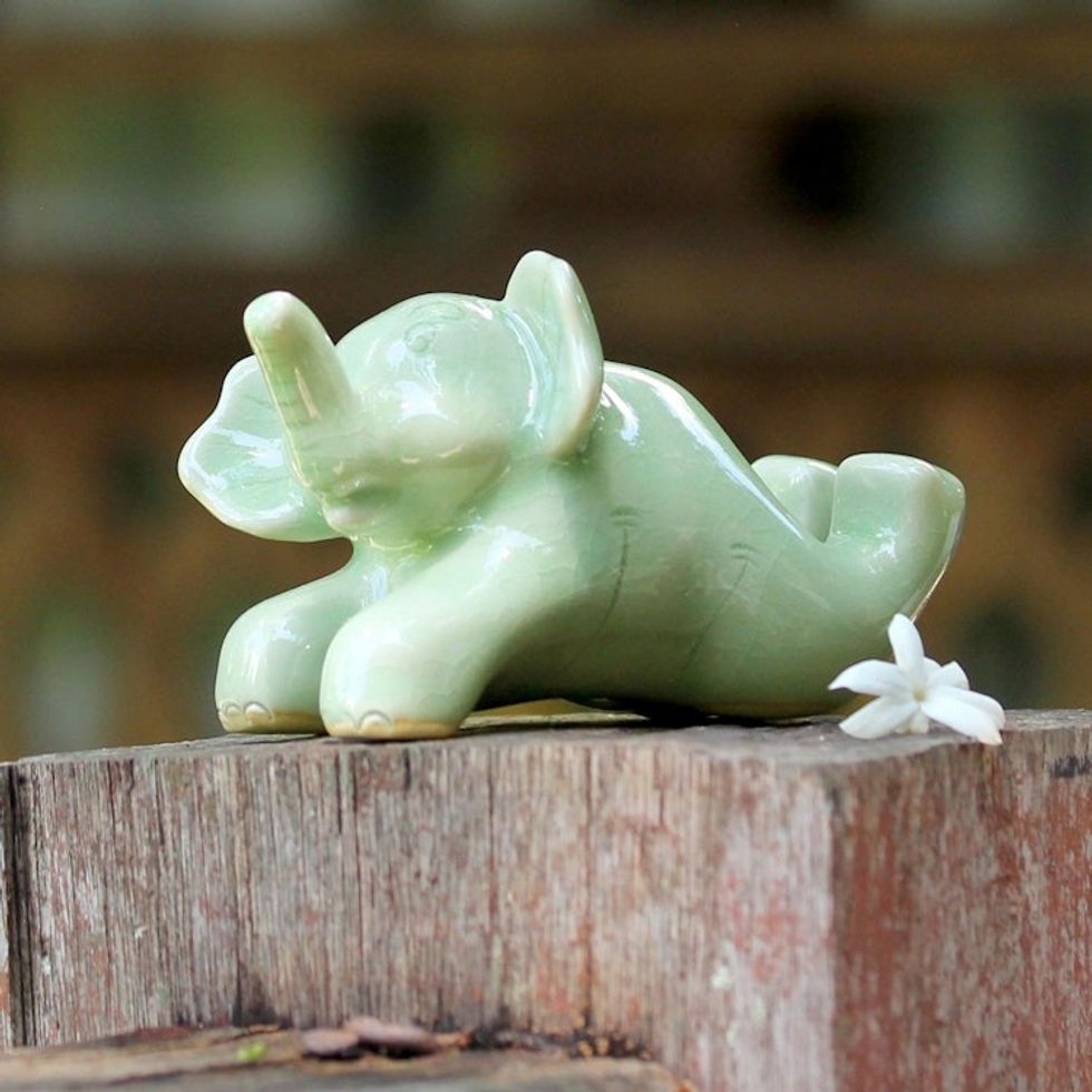 Celadon Ceramic Sculpture of an Elephant from Thailand 'Funny Elephant'