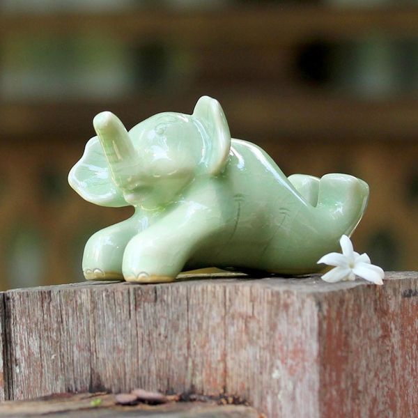 Alternate image for Celadon Ceramic Sculpture of an Elephant from Thailand Funny Elephant