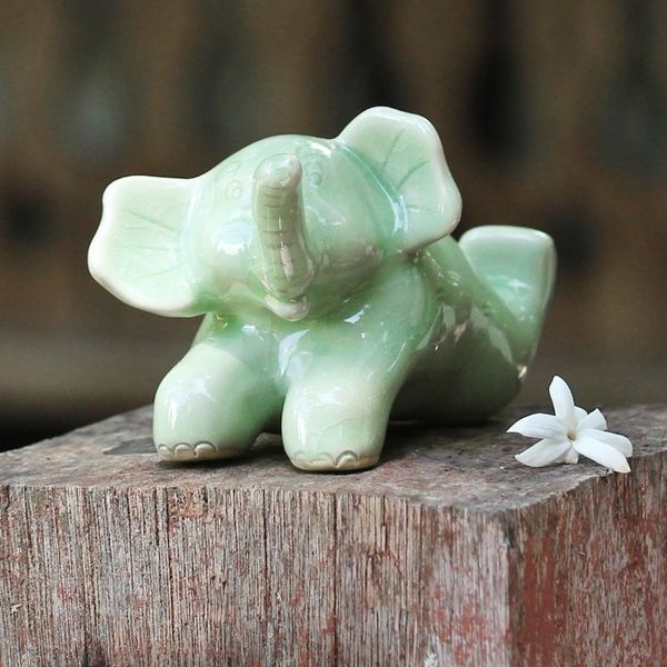 Alternate image for Celadon Ceramic Sculpture of an Elephant from Thailand Funny Elephant