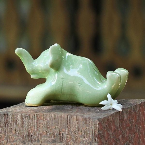 Alternate image for Celadon Ceramic Sculpture of an Elephant from Thailand Funny Elephant