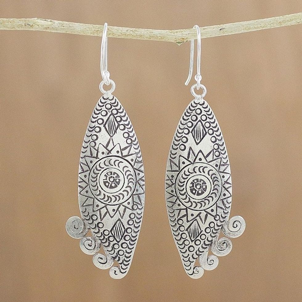 Handcrafted Karen Silver Dangle Earrings from Thailand 'Exotic Sun'