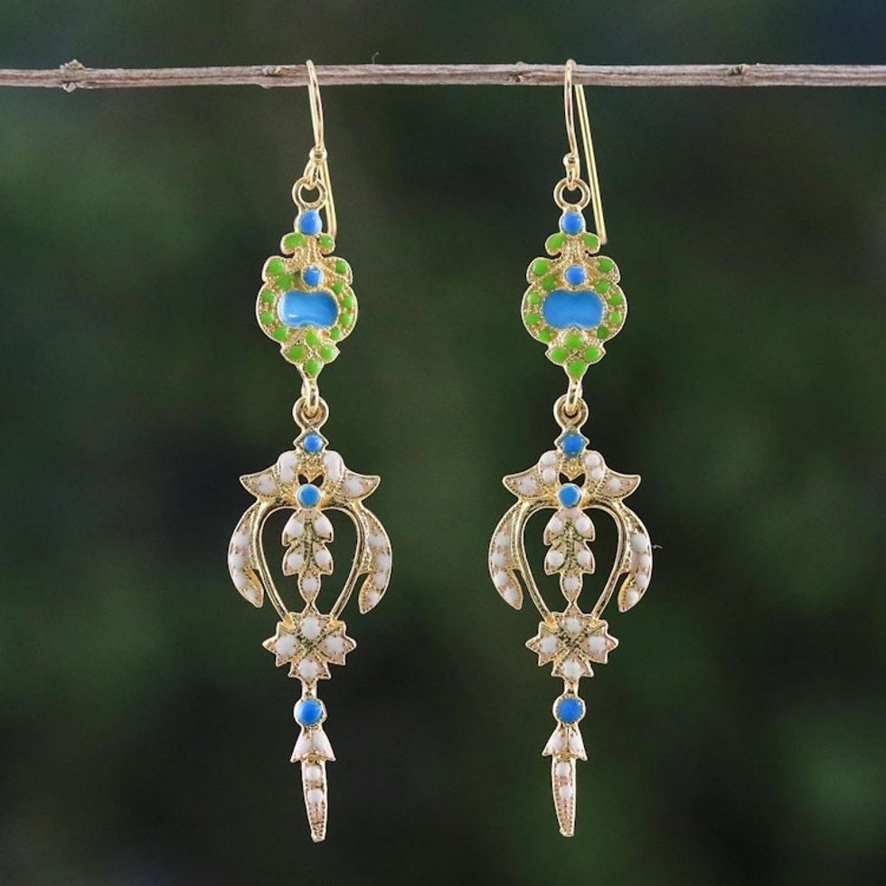 Gold Plated Brass Earrings in White and Green from Thailand 'Thai Purity'