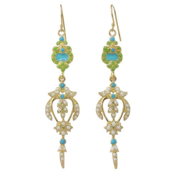 Alternate image for Gold Plated Brass Earrings in White and Green from Thailand Thai Purity