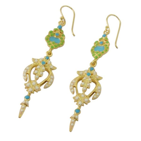 Alternate image for Gold Plated Brass Earrings in White and Green from Thailand Thai Purity