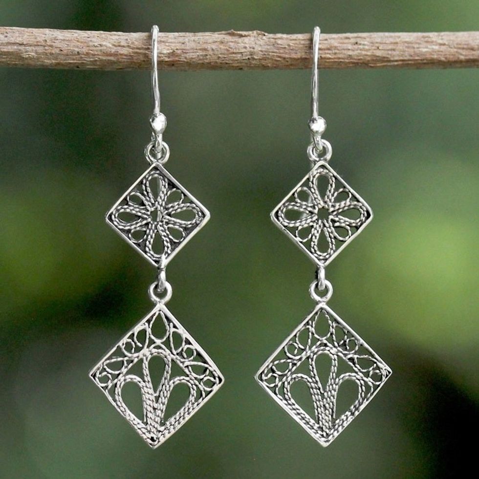 Sterling Silver Square Shaped Filigree Dangle Earrings 'Wind in the Trees'
