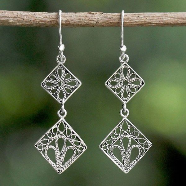 Alternate image for Sterling Silver Square Shaped Filigree Dangle Earrings Wind in the Trees