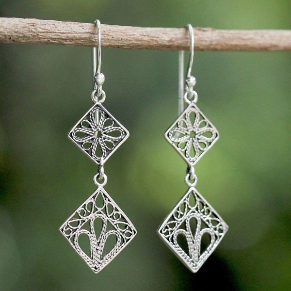 Alternate image for Sterling Silver Square Shaped Filigree Dangle Earrings Wind in the Trees