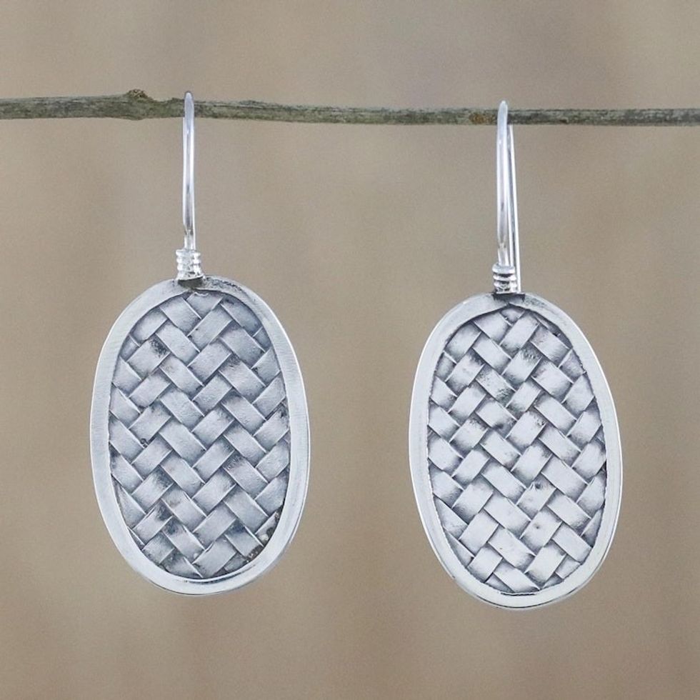 Sterling Silver Oval Weave Dangle Earrings from Thailand 'Woven Oval'