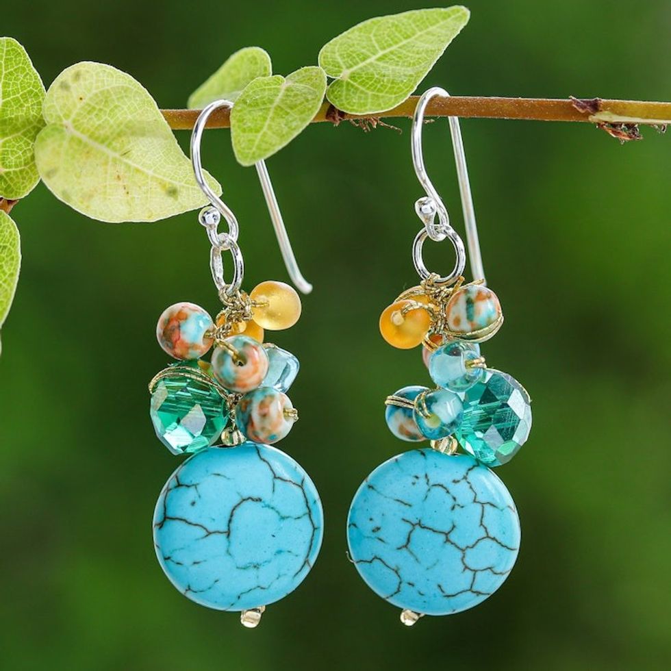 Blue Calcite and Glass Bead Dangle Earrings from Thailand 'Blue Circles'