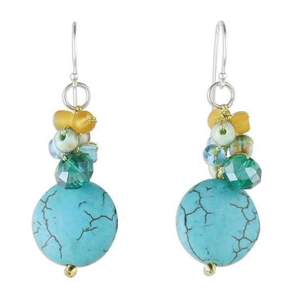 Alternate image for Blue Calcite and Glass Bead Dangle Earrings from Thailand Blue Circles