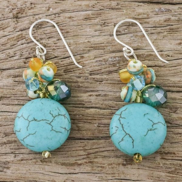 Alternate image for Blue Calcite and Glass Bead Dangle Earrings from Thailand Blue Circles