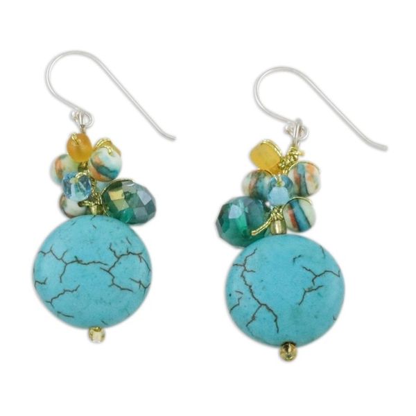 Alternate image for Blue Calcite and Glass Bead Dangle Earrings from Thailand Blue Circles