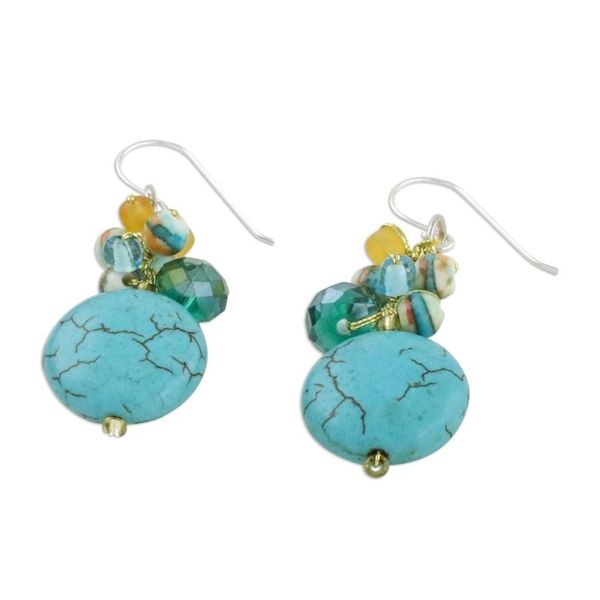 Alternate image for Blue Calcite and Glass Bead Dangle Earrings from Thailand Blue Circles