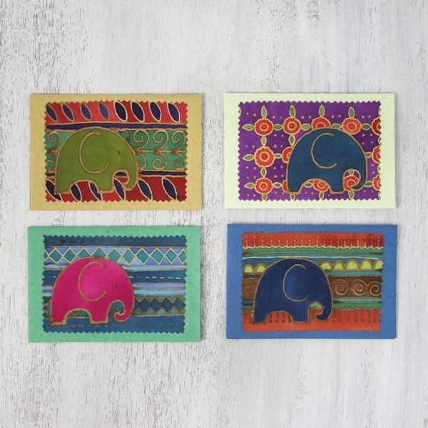Alternate image for Batik Cotton and Paper Elephant Greeting Cards Set of 4 Elephant Journeys